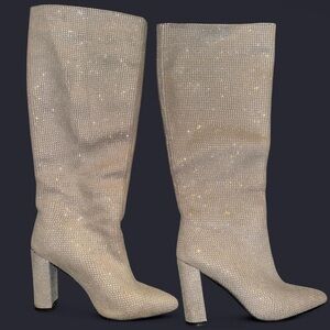 Rhinestone Crystal Sparkly Silver Knee High Boots